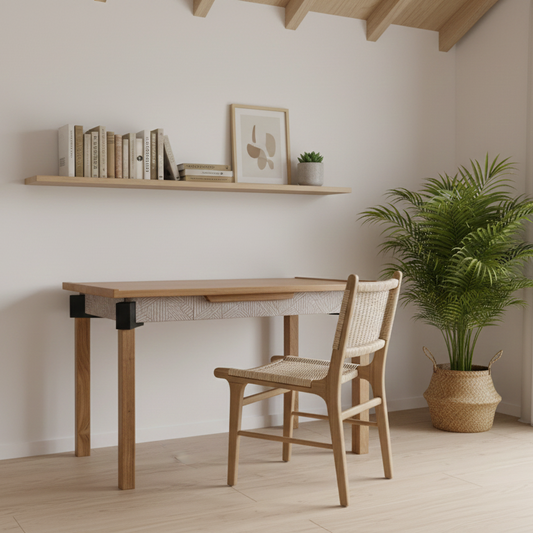 Makira Teakwood Workdesk with Carved Drawer & Industrial Accents