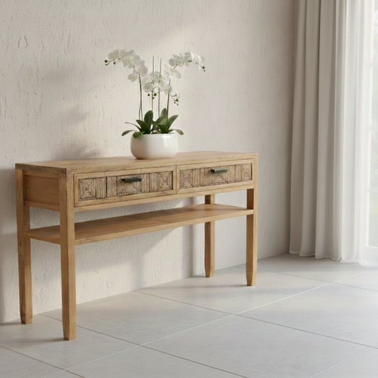 Makaya Artisan Teak Wood Console Table with Woven Drawers