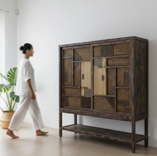 Makoa Solid Teakwood Cabinet with Hand-Woven Rattan Doors