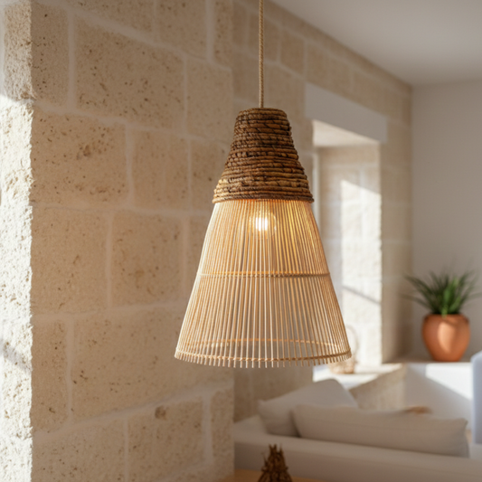 Anya Rattan Pendant Light – Hand-Woven Bell-Shaped Coastal Hanging Lamp